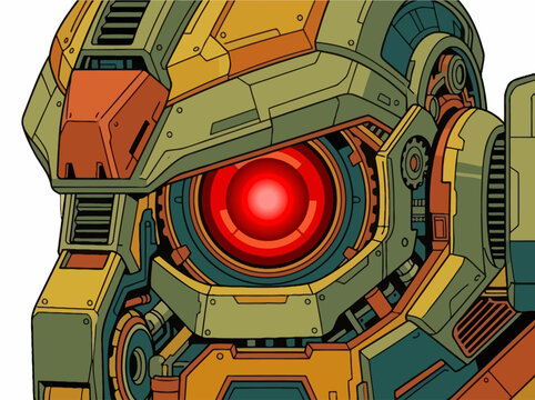 Close-up of a mechanical head with a glowing red eye