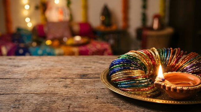 Traditional clay oil lamp and colorful glass bangles for Diwali festival