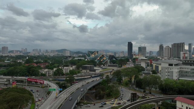 cloudy sunset time sky kuala lumpur city traffic street road interchange museum district aerial panorama 4k malaysia    