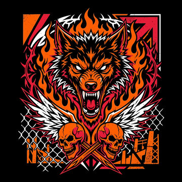 Fierce wolf head with flames and skulls