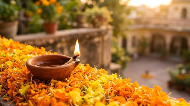 Traditional oil lamp with glowing flame on marigold flower petals for Diwali