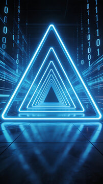 Neon triangle tunnel with binary code representing the seamless integration of human and machine