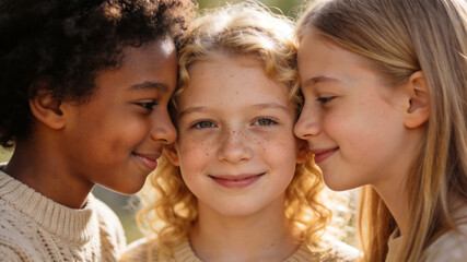 Fototapeta premium three children close together emphasizing modern aesthetics and minimalist design