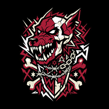Fierce canine skull with aggressive features and tribal elements