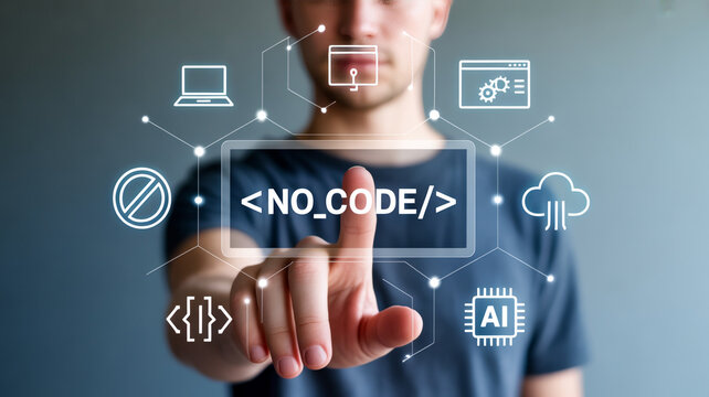 Man interacting with no code interface icons