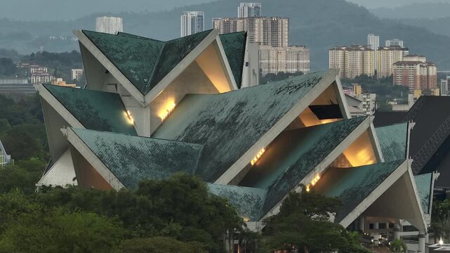 twilight time illumination kuala lumpur city famous palace of culture exterior aerial panorama 4k malaysia    