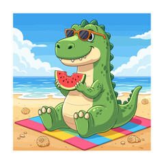 Cute Cartoon Dinosaur Eating Watermelon on a Sunny Beach Illustration © bima