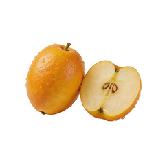 Fototapeta premium Fresh and nutritious golden jujube fruits a healthy snack, with one whole fruit and a halved specimen displaying natural goodness and its seeds