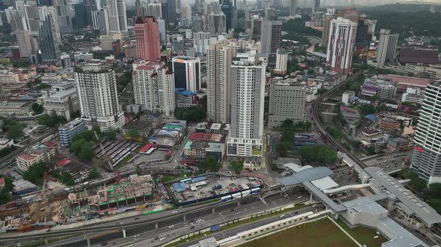 twilight time kuala lumpur city industrial area traffic street road metro station aerial panorama 4k malaysia    