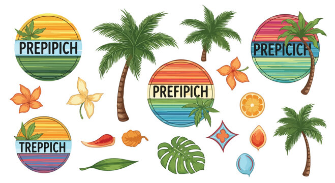 Retro tropical summer badges and palm tree elements, vintage sunset circle logos with exotic flowers, island paradise vector collection for travel branding
