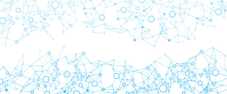 Abstract blue network lines connect dots and circles on a clean white background, symbolizing digital communication, data exchange, and technological innovation in a modern, geometric pattern.