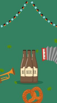 Vertical Oktoberfest Festival Background Animation with Beer Bottles, Pretzel, and Instruments