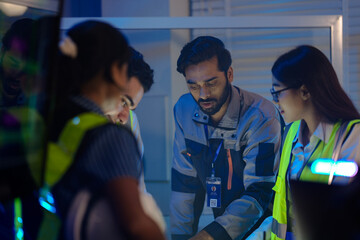 Obraz premium An Indian supervisor leads a night shift briefing in a smart factory control room. He discusses an AI automation system or incident response with his female engineers.