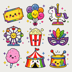 Fototapeta premium Cute Kawaii Carnival Fun Doodle Icon Set with Ticket Balloon Carousel Ferris Wheel Popcorn Mask Cotton Candy Circus Tent