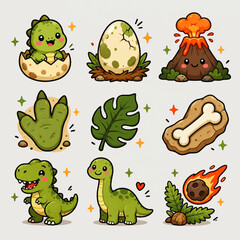 Fototapeta premium Cute Dinosaur Doodle Icon Set Kawaii Prehistoric Sticker Collection