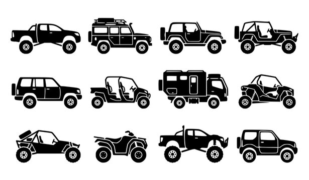 Black Off Road Vehicle Silhouette Icon Set for Automotive and Outdoor Adventure Design