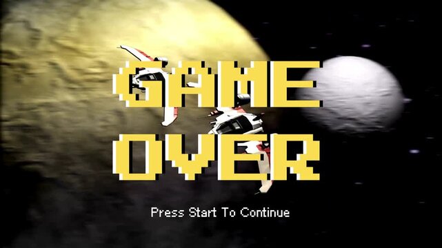 Retro pixel art 'Game Over' display on a dark space background with planets and a classic digital spacecraft, evoking nostalgic video game defeat moments and the end of a space adventure