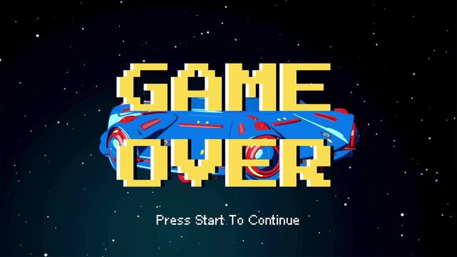 Embrace the nostalgic digital defeat, a classic 'game over' message on a pixelated screen, inviting players to press start and continue their thrilling adventure in a retro-themed virtual reality