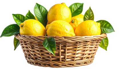 Obraz premium Basket full of ripe lemons with green leaves and water drops, fresh citrus fruits, healthy food, natural vitamin C source