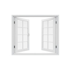 Obraz premium Classic double-casement window with open wooden sashes and multiple glass panes centered against a seamless transparent background, concept of airy architectural purity