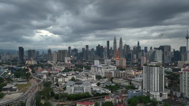 cloudy evening kuala lumpur traffic cityscape aerial panorama 4k malaysia    