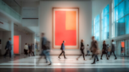 Fototapeta premium An abstract blur bustling expo environment appears with business people in motion across a bright hall enhanced by a smooth bokeh effect.