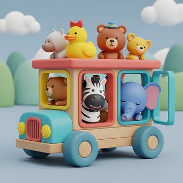 Colorful toy school bus with stuffed animal passengers.