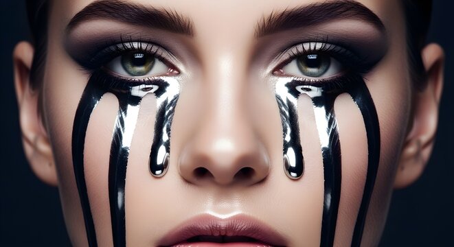 Close-up portrait of a woman with dramatic eye makeup and bold black streaks on her face