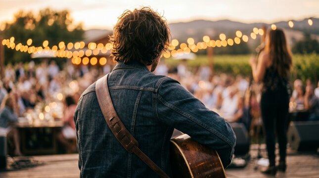 Musician performs on outdoor stage with audience at sunset festival