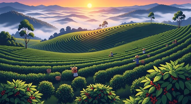 Golden hour over rolling green hills with sheep grazing.
