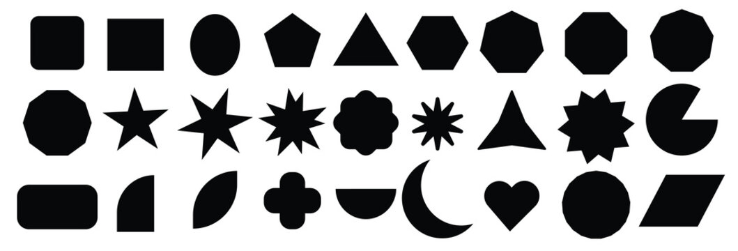 Collection of geometric shapes on white background. Abstract black icon element of star, sparkling, different shapes, heart, polygon, hexagon. Icon graphic design for decoration, logo, business, ads.