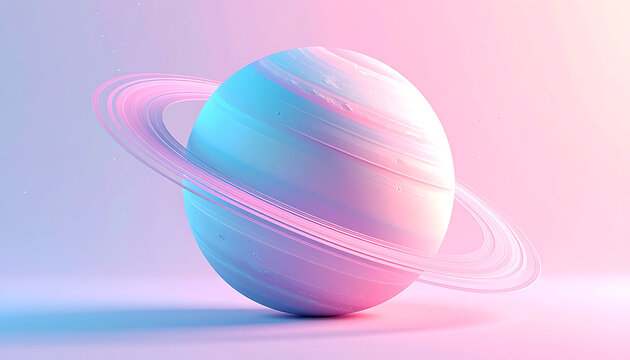 3D rendering of a pastel-colored planet with rings made of tiny dots, soft lighting, cosmic aesthetic, abstract space art, science fiction
