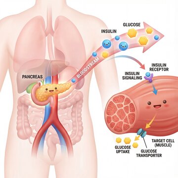 Educational Medical Illustration of Insulin Secretion and Glucose Uptake Process in Human Muscle Cells