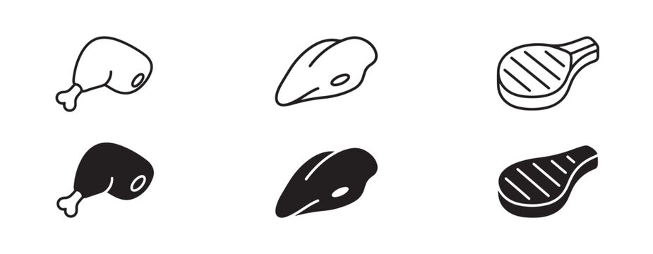 Meat icon set beef steak chicken drumstick breast fillet barbecue raw butcher shop grocery grocery ingredient flat line solid style vector