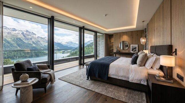 Luxury hotel room with mountain lake view and large windows offering serene getaway