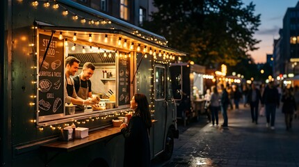 Naklejka premium Happy people ordering street food at a night market food truck in summer