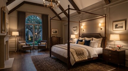 Fototapeta premium Luxurious bedroom with four poster bed and elegant decor