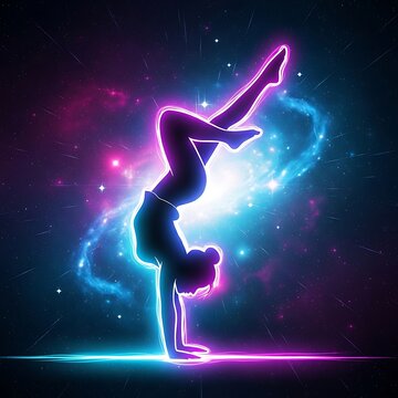 Dramatic silhouette of a dancer in motion against vibrant lights.