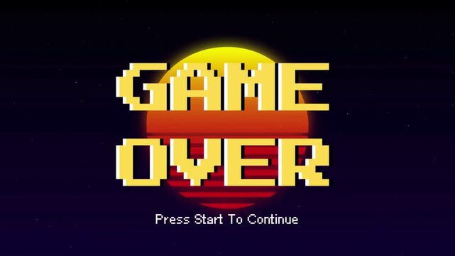 Vibrant pixel art game over screen graphic featuring a stylized retro sunset, evoking classic 8-bit arcade gaming nostalgia and digital interface aesthetics