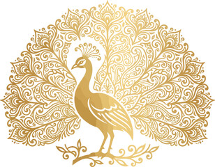 Fototapeta premium Luxurious Gold Ornate Peacock Silhouette with Decorative Floral Tail