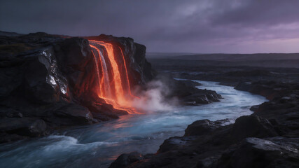 Fototapeta premium Lava waterfall flowing into river emphasizing natural beauty and pristine environments