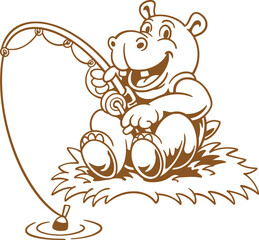 Fototapeta premium Minimal brown line illustration of a cheerful bear fishing with rod and hook while sitting on grass, shown front-facing in a playful outdoor scene