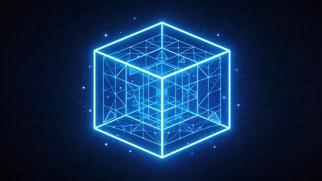 Blue neon cube with geometric patterns symbolizing the limitless potential of digital design