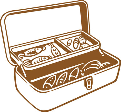 Minimal brown line illustration of an open tackle box filled with fishing lures, hooks and compartments, shown angled on a clean white background