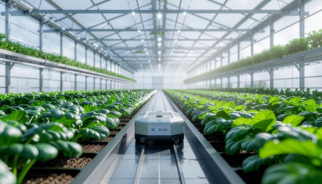 Automated farming robot moves through lush indoor greenhouse rows with leafy plants