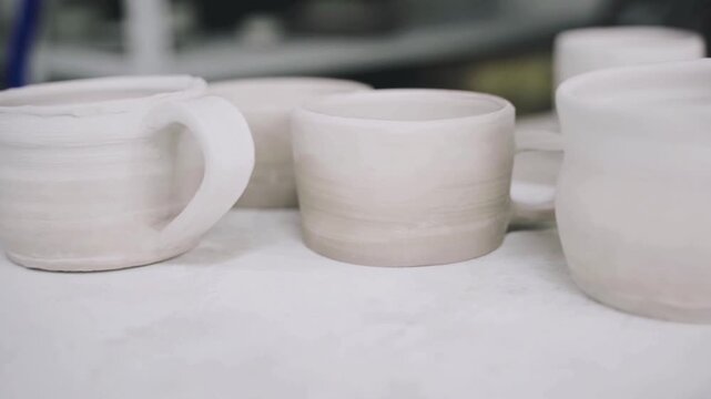A cinematic close-up with a slow-motion panning camera reveals a row of raw (unfired) cups and ceramics on a studio work table. 