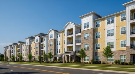 Obraz premium View of a large multistory residential apartment complex building with balconies and windows stretching along a street with green grass and trees under a clear blue sky on a sunny day offering