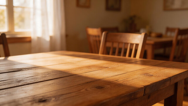 Wooden table with sunlight in dining room representing futuristic concepts and abstract thought