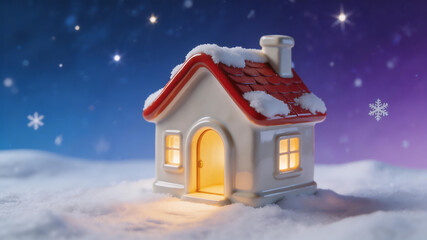 Naklejka premium Miniature house in snowy night ideal for travel vlogs and eco-friendly campaigns
