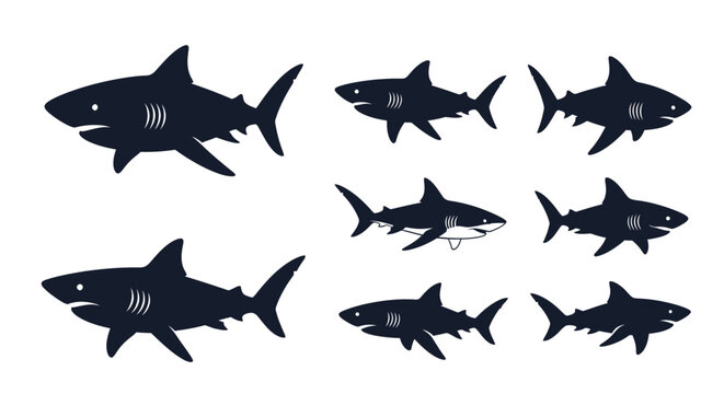 Dark blue shark silhouettes icon set on white background